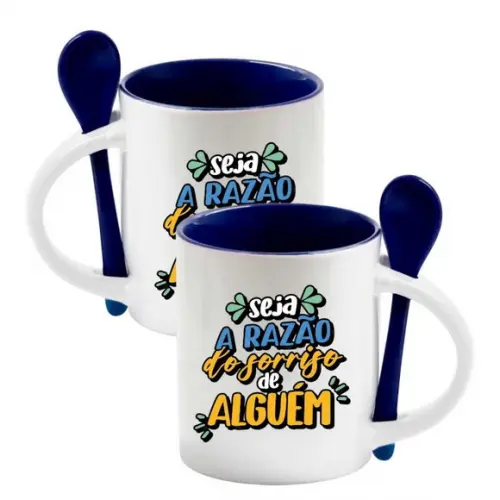 Caneca de Porcelana c/ Base Reta e Colher Azul Personalizada