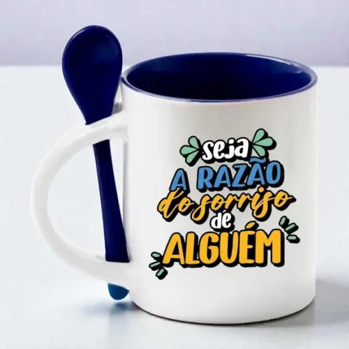 Caneca de Porcelana c/ Base Reta e Colher Azul Personalizada