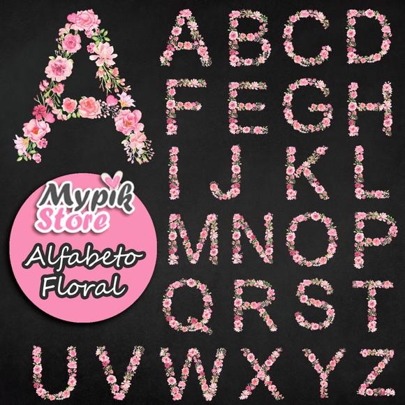 Kit Digital Alfabeto Floral Rosa de A a Z