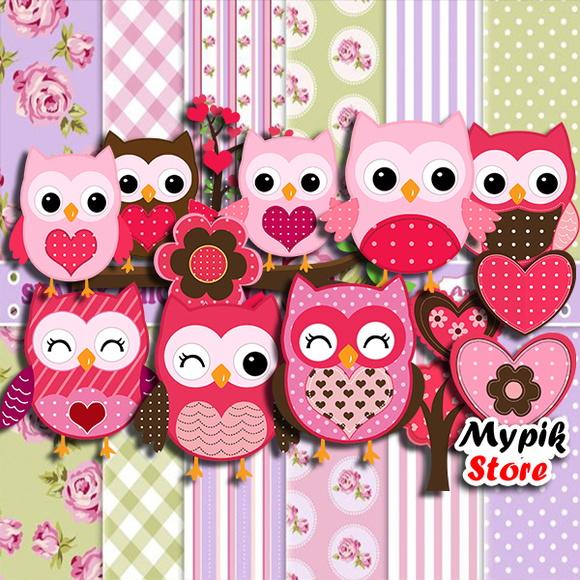 Kit Digital Corujinhas Rosas 02