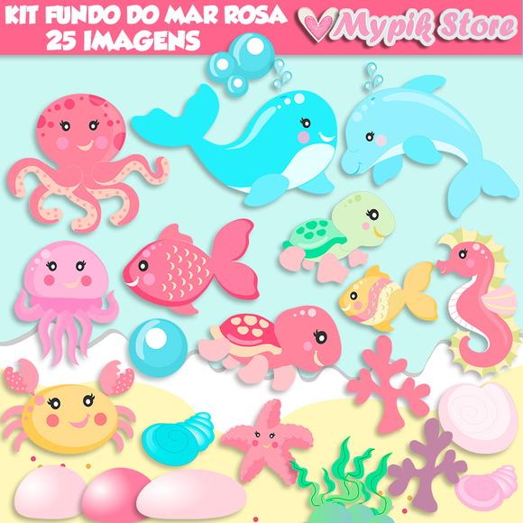 Kit Digital Fundo do Mar Cute Rosa