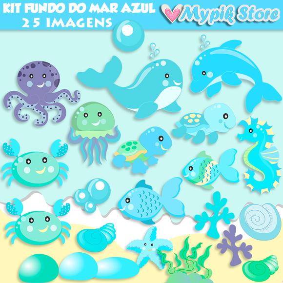 Kit Digital Fundo do Mar Cute Azul