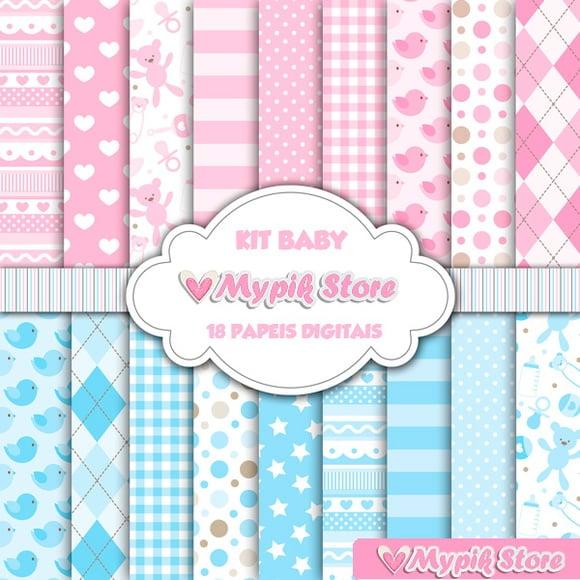 Kit Papel Digital Chá de Bebe Rosa e Azul Scrapbook 03