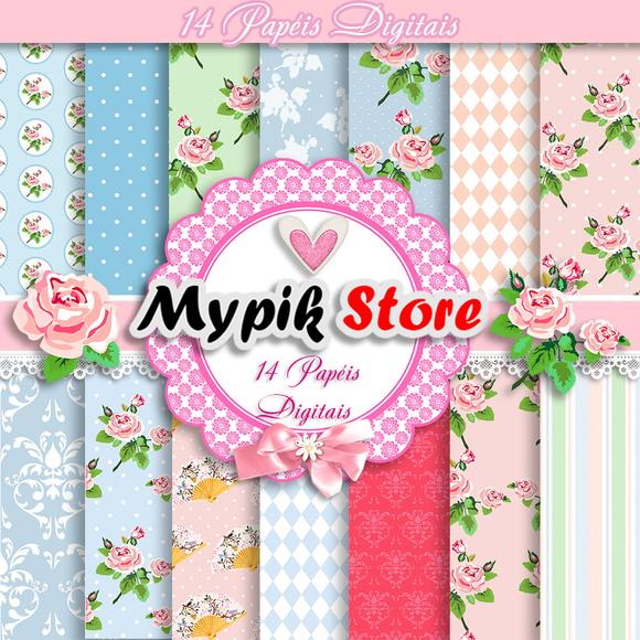Kit Papel Digital Rosa Floral Chic - 12