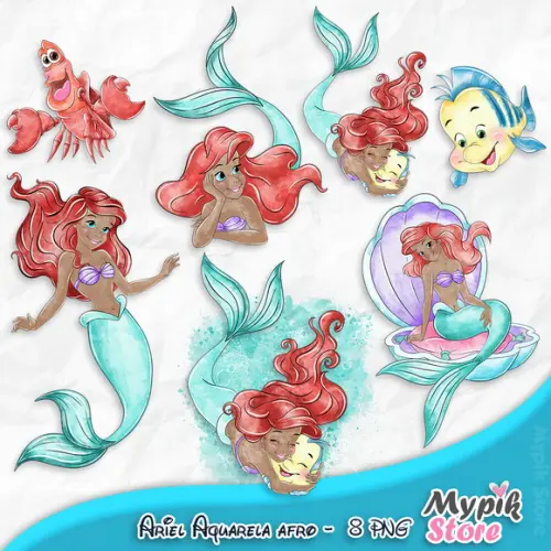 Kit Digital a Pequena Sereia Ariel Afro Aquarela 4
