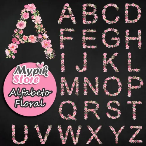 Kit Digital Alfabeto Floral Rosa de A a Z