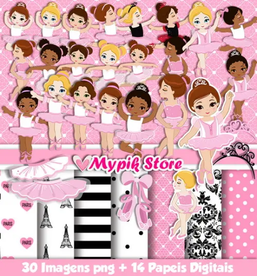 Kit Digital Bailarinas Rosas Coleção Scrapbook