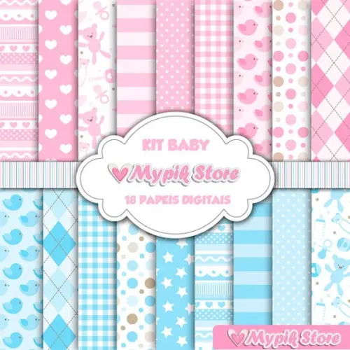 Kit Papel Digital Chá de Bebe Rosa e Azul Scrapbook 03