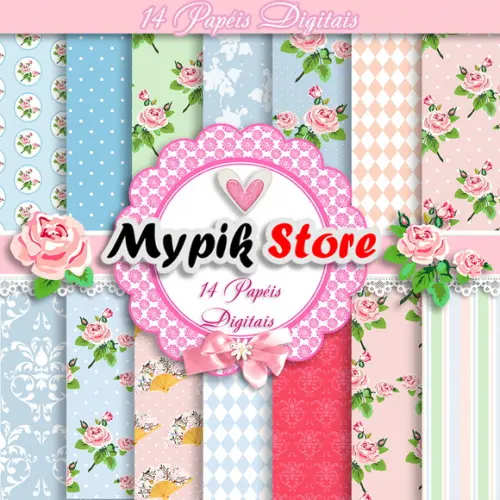 Kit Papel Digital Rosa Floral Chic - 12
