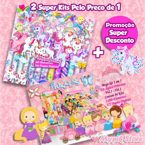 Pacote com 2 Super Kits Digitais - Unicórnios e Princesas