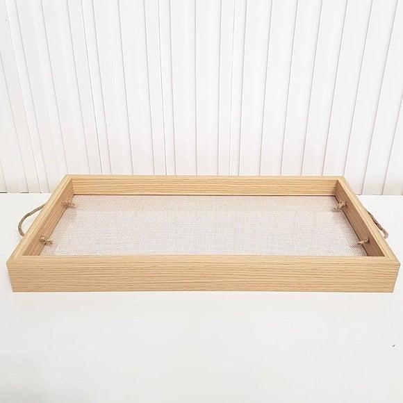 Bandeja 21x41cm Laminada com Fundo Linho e Vidro