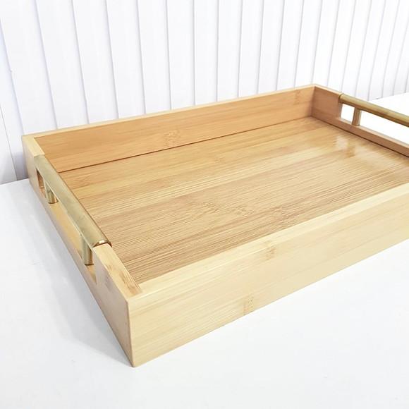 Bandeja 26x38cm Bambu Retangular Alças Douradas (fundo Mdf)