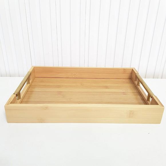 Bandeja 26x38cm Bambu Retangular Alças Douradas (fundo Mdf)