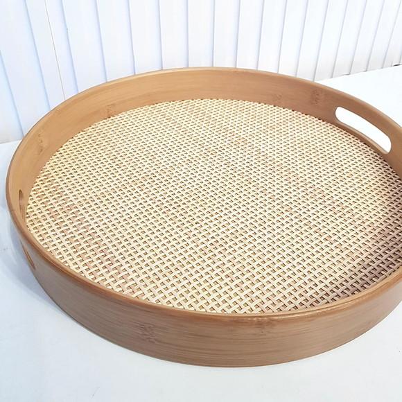 Bandeja 36cm Redonda de Bambu Fundo Textura Palhinha Xadrez