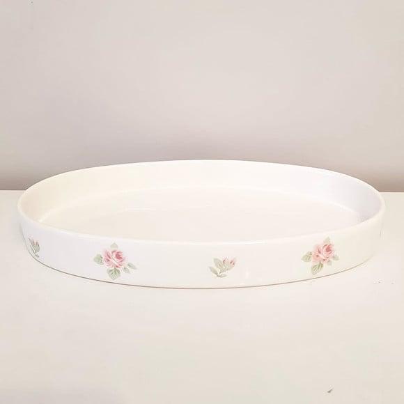 Bandeja de Cerâmica Oval Branca Estampa Floral Kit Higiene