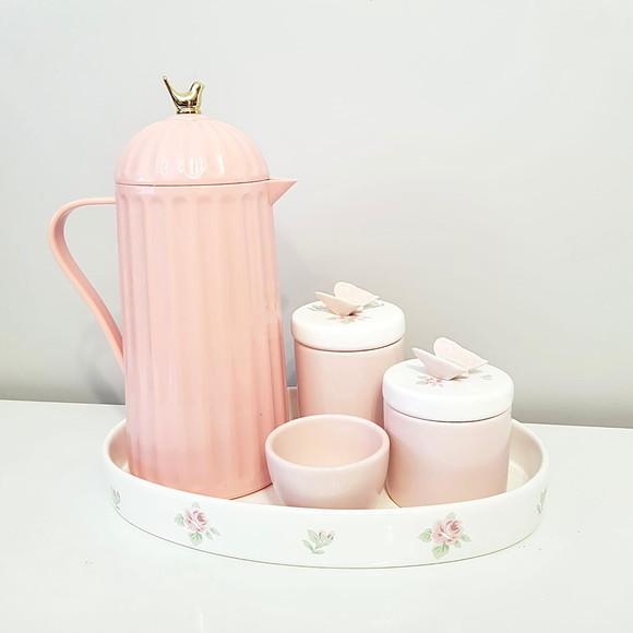 Bandeja de Cerâmica Oval Branca Estampa Floral Kit Higiene