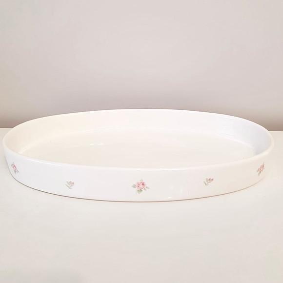 Bandeja de Cerâmica Oval Branca Estampa Floral Kit Higiene