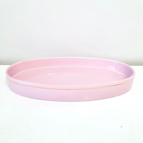 Bandeja de Cerâmica Oval Rosa Bebê com Filete Dourado