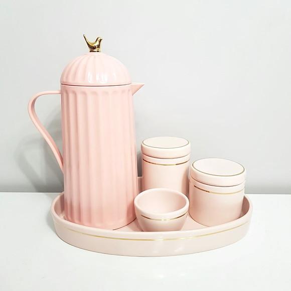 Bandeja de Cerâmica Oval Rosa Rosé com Filete Dourado