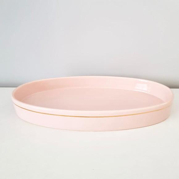 Bandeja de Cerâmica Oval Rosa Rosé com Filete Dourado