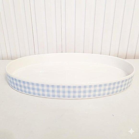 Bandeja de Cerâmica Oval Xadrez Azul para Kit Higiene Bebê