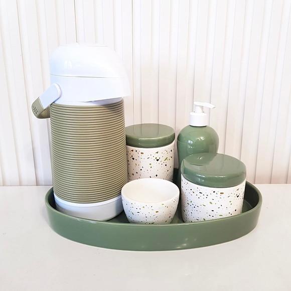 Bandeja de Cerâmica Oval Verde Militar / Oliva Kit Higiene