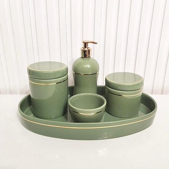 Bandeja de Cerâmica Oval Verde Militar com Filete Dourado