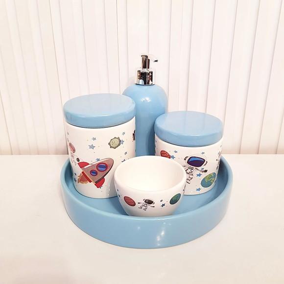 Bandeja de Cerâmica Redonda Pequena Azul Bebê Kit Higiene