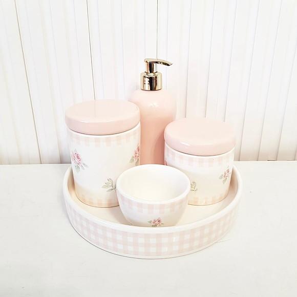 Bandeja de Cerâmica Redonda Pequena Xadrez Rosa Rosé