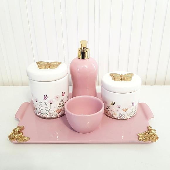 Bandeja de Cerâmica Reta Rosa Bebê com Detalhes Dourados
