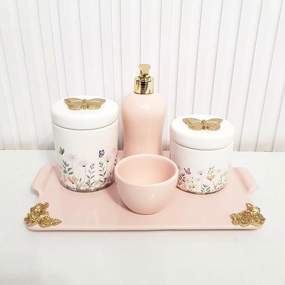 Bandeja de Cerâmica Reta Rosa Rosé com Detalhes Dourados