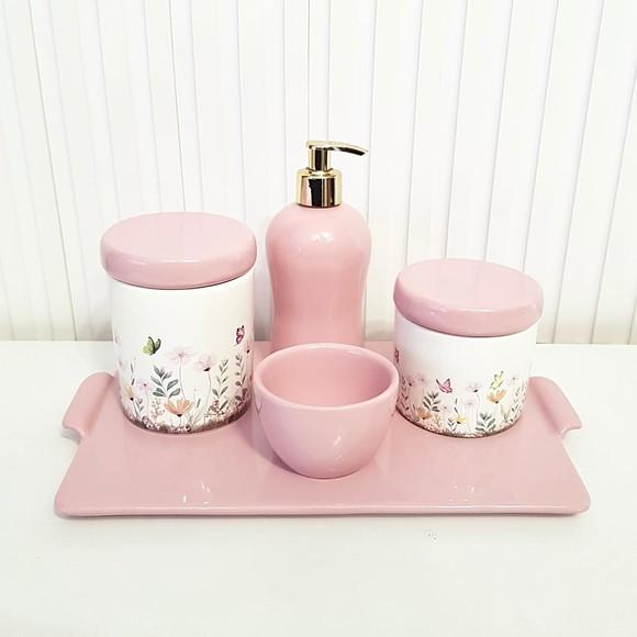 Bandeja de Cerâmica Reta Rosa Bebê para Kit Higiene Bebê