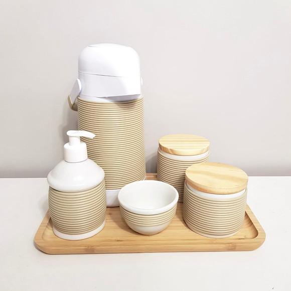 Kit Higiene 22x33cm Alinhavado Bege Camurça - Madeira