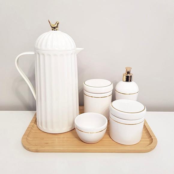 Kit Higiene 23x33cm Branco c/ Filete Dourado - Bandeja Bambu