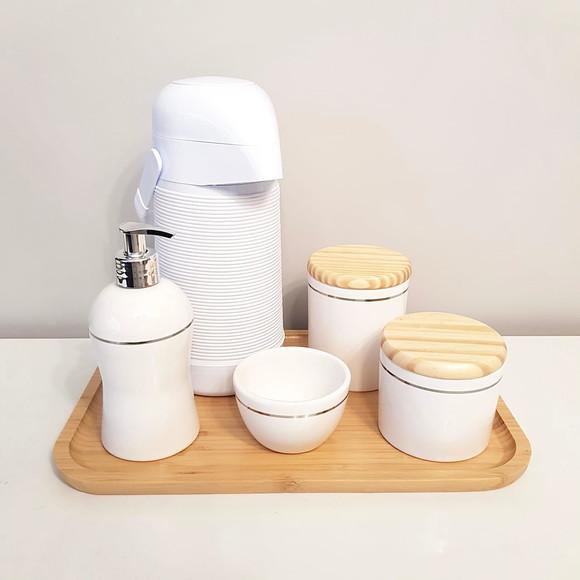 Kit Higiene 23x33cm Branco Filete Prata - Bandeja Bambu