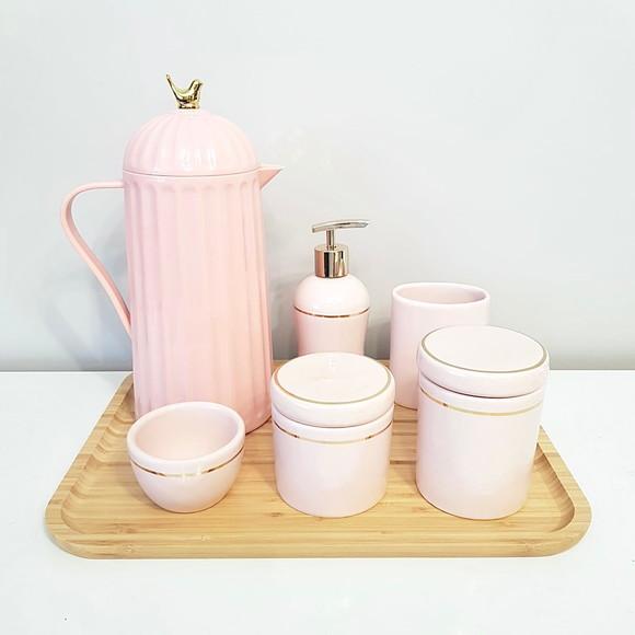 Kit Higiene 23x33cm Rosa Rosé e Dourado - Bandeja Bambu