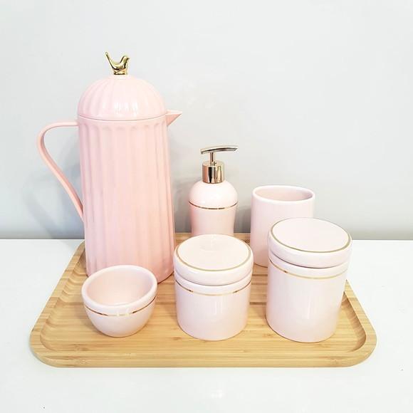 Kit Higiene 23x33cm Rosa Rosé e Dourado - Bandeja Bambu