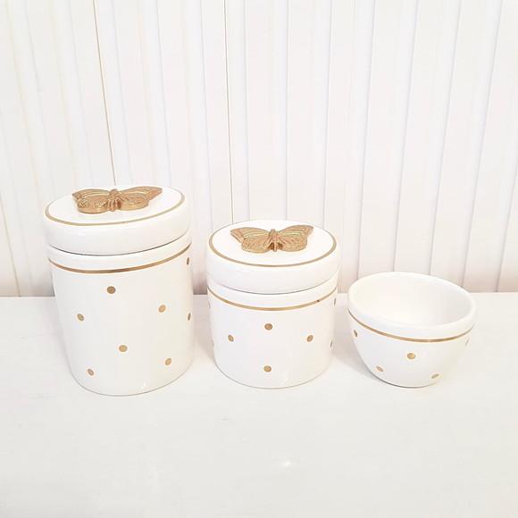Kit Higiene 3 Pçs Branco c/ Poás e Filete Dourado Borboleta