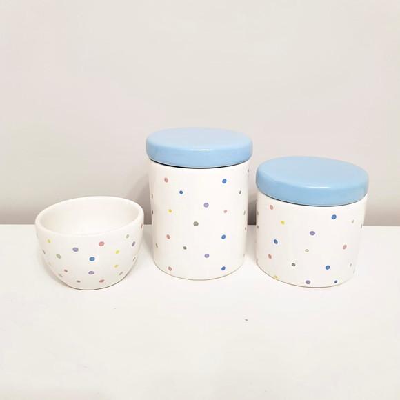 Kit Higiene 3 Pçs Cerâmica Poás Coloridos - Tampa Azul Bebê