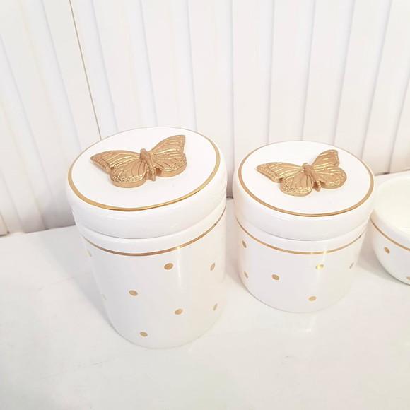 Kit Higiene 3 Pçs Branco c/ Poás e Filete Dourado Borboleta