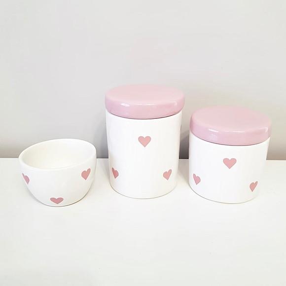 Kit Higiene 3 Peças Branco e Rosa Bebê - Coraçõezinhos