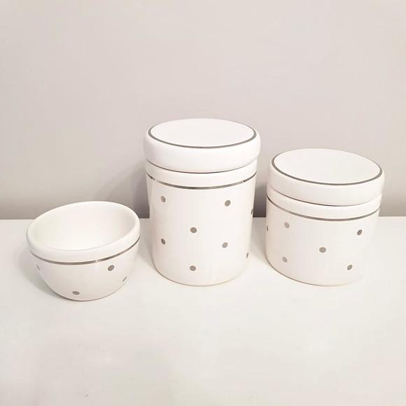 Kit Higiene 3 Peças Branco com Poás e Filete Prateado
