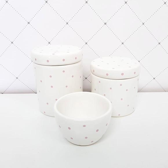 Kit Higiene 3 Peças Cerâmica Branco com Poás Rosa Bebê