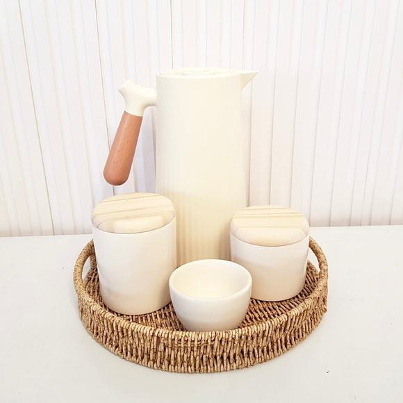 Kit Higiene 3 Peças Creme - Tampa de Madeira Pinus