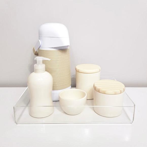 Kit Higiene 3 Peças Creme - Tampa de Madeira Pinus