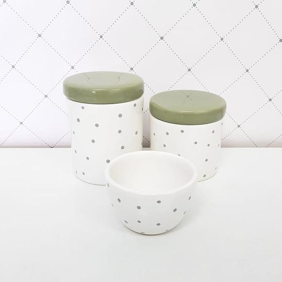 Kit Higiene 3 Peças Poá Cinza - Tampas Verde Militar/oliva