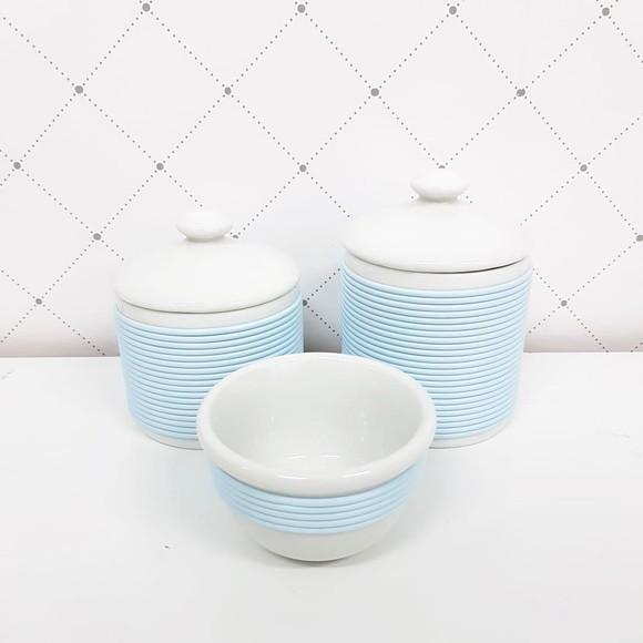Kit Higiene 3 Peças Porcelana com Alinhavado - Azul Piscina