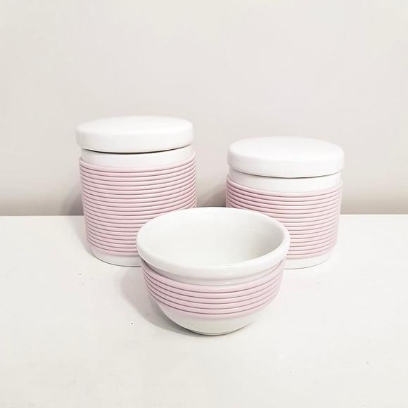 Kit Higiene 3 Peças Porcelana com Alinhavado - Rosa Antigo