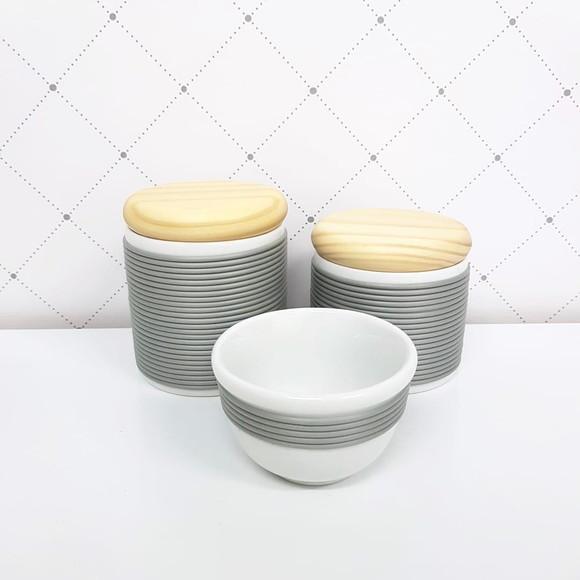 Kit Higiene 3 Peças Porcelana com Alinhavado - Cinza