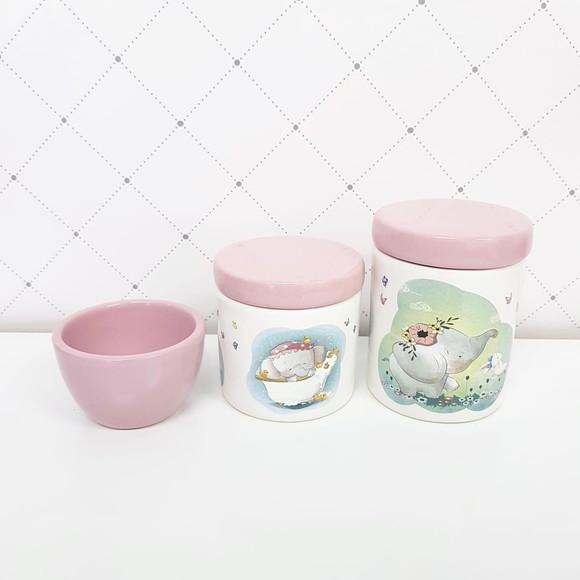 Kit Higiene 3 Peças Rosa Bebê e Branco - Elefantinha